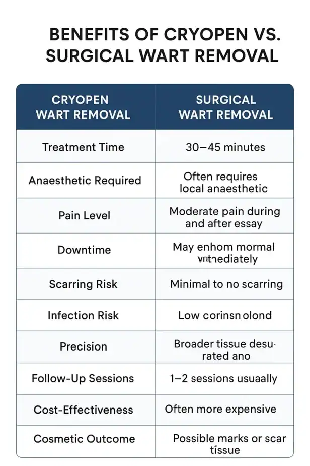 Table showing the benefits of cryopen to remove warts Hertfordshire compared to surgical treatment